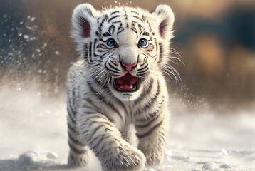 Cute Tiger cub playing in snow winter, Generative ai