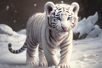 Fototapeta na wymiar Cute Tiger cub playing in snow winter, Generative ai