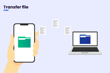 Document file transfer from smartphone to laptop via the internet modern technology concept. file transfer. vector illustration.