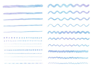 ブルーのストロークの水彩イラスト素材セット/線/点線/波線