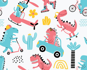 cute dinosaur print and seamless pattern with dinosaurs. vector illustration © andin