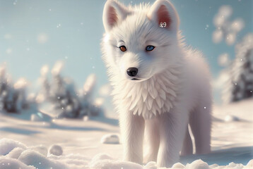 Cute wolf baby/puppy playing in winter snow portrait, Generative ai
