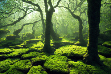 Obraz premium forest, moss-covered rocks, sunlight, reflecting water