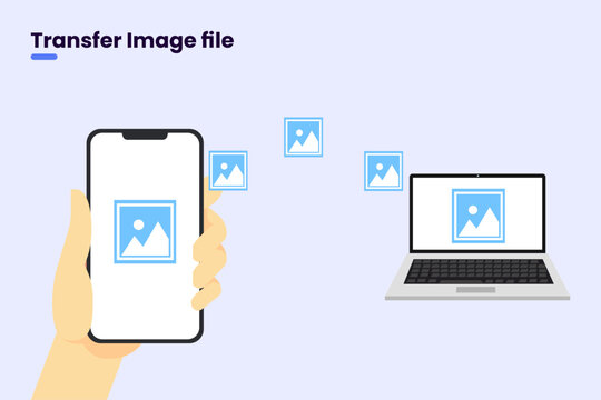 Image transfer concept. Image folder transferring phone to laptop. exchange files technology