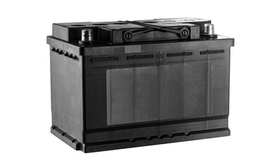 Car battery isolated on white background. Lead-acid battery on a white background for a car. Spare parts catalog for sale