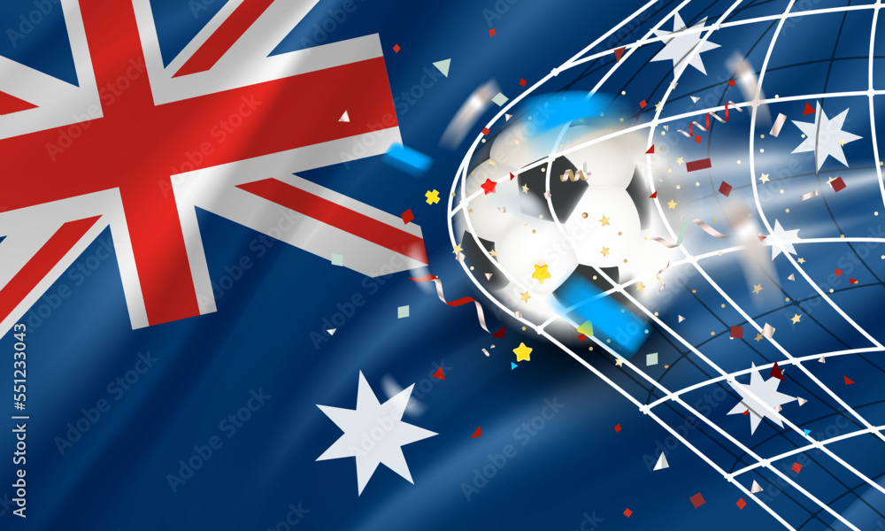 Poster The ball in the soccer net. Goal vector concept with flag of Australia. 3d vector banner with blur effect