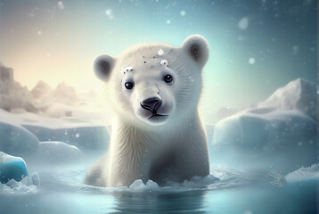 Obraz na płótnie Canvas Cute baby polar bear in snow winter, generative ai