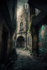 AI generated image of a medieval alleyway with painted graffiti on the walls	
