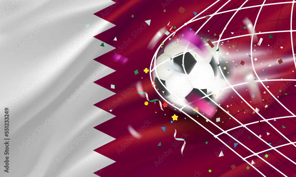 Poster The ball in the soccer net. Goal vector concept with flag of Qatar. 3d vector banner with blur effect