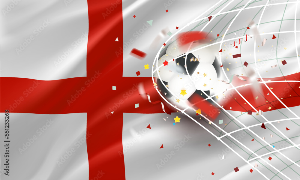 Aufkleber The ball in the soccer net. Goal vector concept with flag of England. 3d vector banner with blur effect