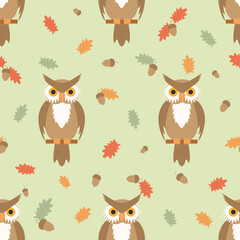 Vector seamless pattern. Owl and acorns. Autumn.