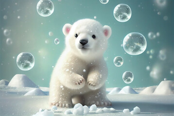 Polar bear baby in snow portrait, winter, generative ai