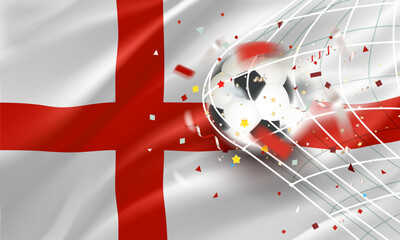 The ball in the soccer net. Goal vector concept with flag of England. 3d vector banner with blur effect
