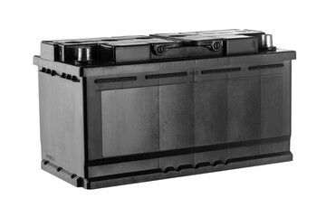 Car battery isolated on white background. Lead-acid battery on a white background for a car. Spare parts catalog for sale