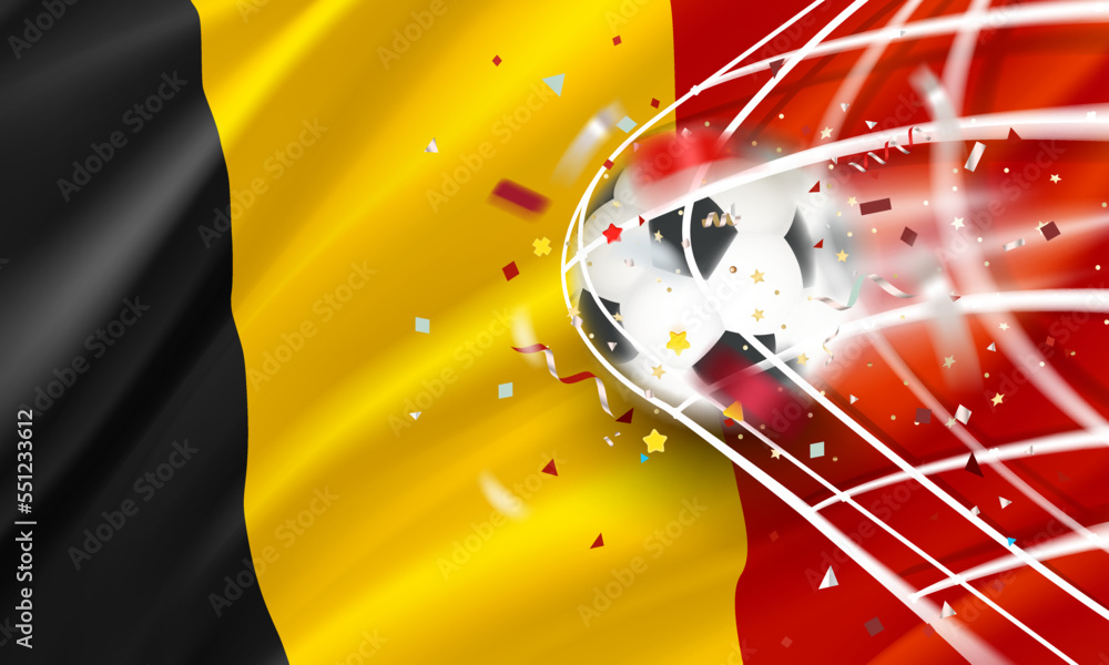 Poster The ball in the soccer net. Goal vector concept with flag of Belgium. 3d vector banner with blur effect