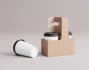 Coffee cup takeout holder, kraft cafe carrier mockup, 3d rendering, 3d modeling
