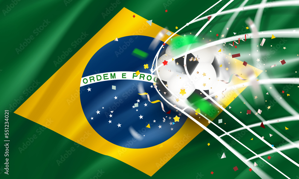 Poster The ball in the soccer net. Goal vector concept with flag of Brazil. 3d vector banner with blur effect