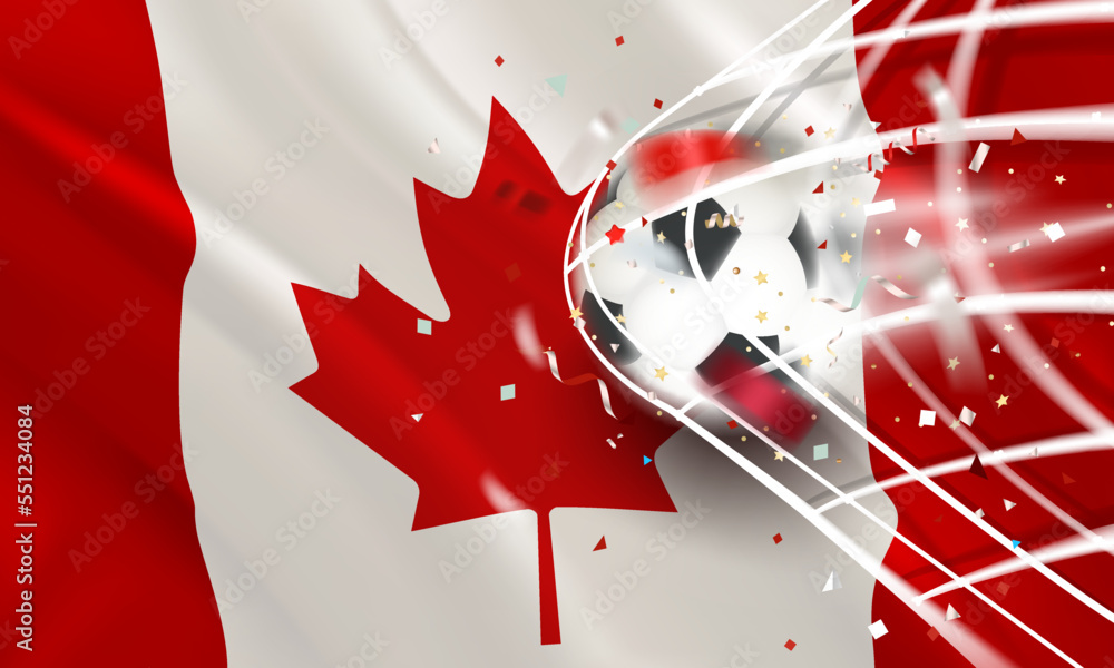 Poster The ball in the soccer net. Goal vector concept with flag of Canada. 3d vector banner with blur effect