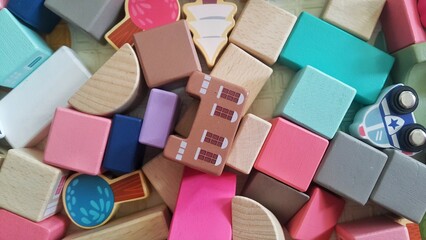 Pile of colorful wooden blocks toys for kids
