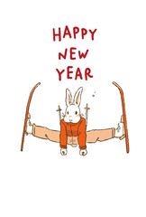 2035年　卯年の年賀状デザイン　スキージャンプするうさぎのイラスト