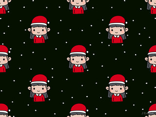 Girl Christmas cartoon character seamless pattern on black background