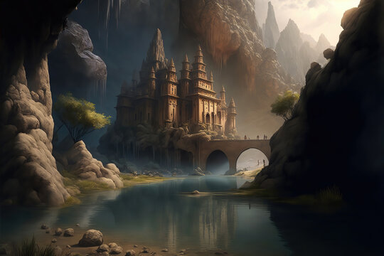 AI generated image of an ancient Indian castle or palace built next to a river