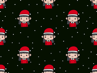 Girl Christmas cartoon character seamless pattern on black background