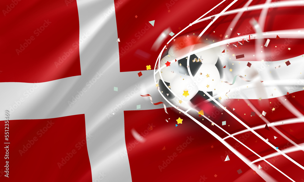 Poster The ball in the soccer net. Goal vector concept with flag of Denmark. 3d vector banner with blur effect