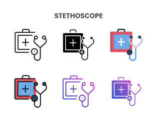 Stethoscope icons vector illustration set line, flat, glyph, line color gradient. Great for web, app, presentation and more.