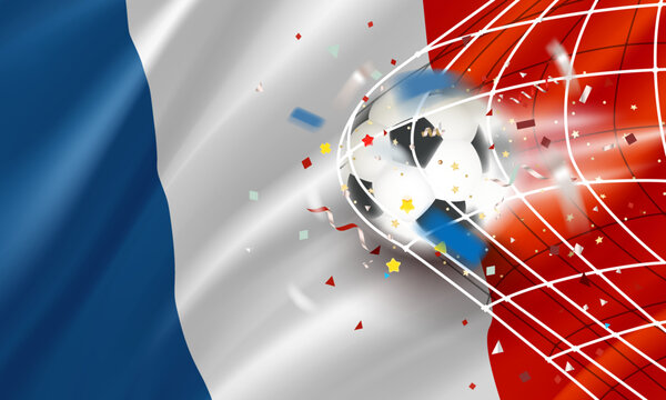 The ball in the soccer net. Goal vector concept with flag of France. 3d vector banner with blur effect