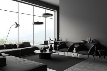 Grey relax interior with couch, armchairs near panoramic window. Mockup wall
