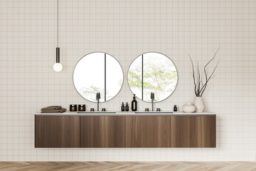 Stylish bathroom interior with two washbasins and panoramic window, accessories