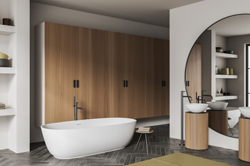 Corner view on bright bathroom interior with bathtub, large mirror