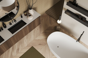 Top view of beige bathroom interior with sink and tub with accessories