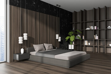 Brown bedroom interior with bed and decoration on shelf. Empty wall