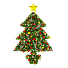 Beautiful Christmas Wreath like Christmas Tree with red orbs and snowflakes and shiny stars on transparent background (RGBA 3D Rendering PNG)