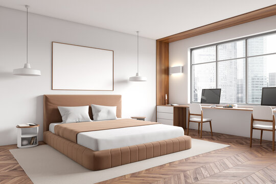 Stylish bedroom interior bed and workspace near panoramic window. Mockup frame