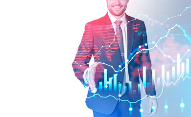 Businessman stretch hand to shake, forex diagrams and candlesticks. Copy space