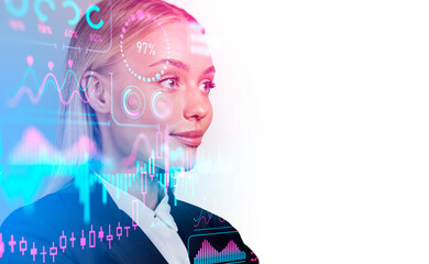 Businesswoman portrait and forex graph chart with analysis. Copy space
