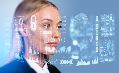 Businesswoman portrait and digital business data chart with infographics