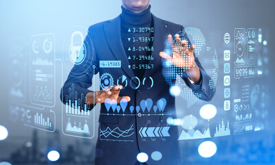 African businessman hands touching global business data hud with infographics