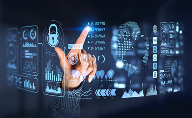 Woman finger touching digital business data hud with infographics