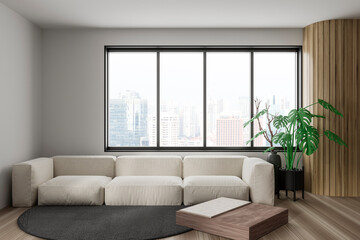 Stylish relaxing interior with couch and coffee table, panoramic window