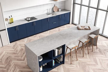 Top view of stylish kitchen interior with bar countertop and panoramic window