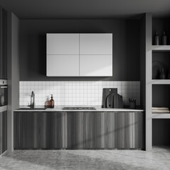Grey kitchen interior with sink, stove and shelf with kitchenware
