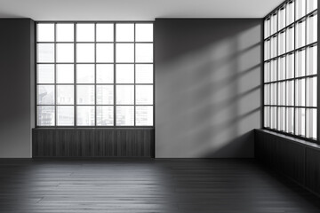 Dark empty room interior with panoramic windows with Singapore view