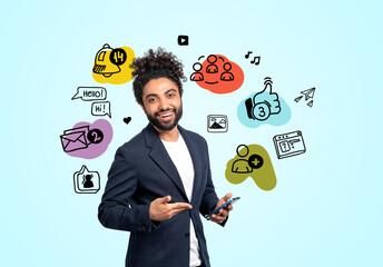 Middle eastern businessman with phone, social network doodle icons