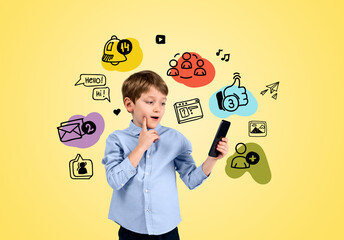School boy with smartphone, social media doodle icons