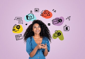 African woman using phone, looking up at social media doodle icons