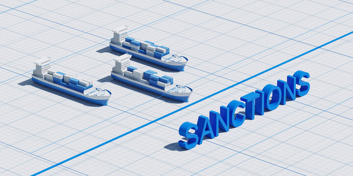 Three Cargo Ships With Containers On A Lined Papers With Sanctions Lettering